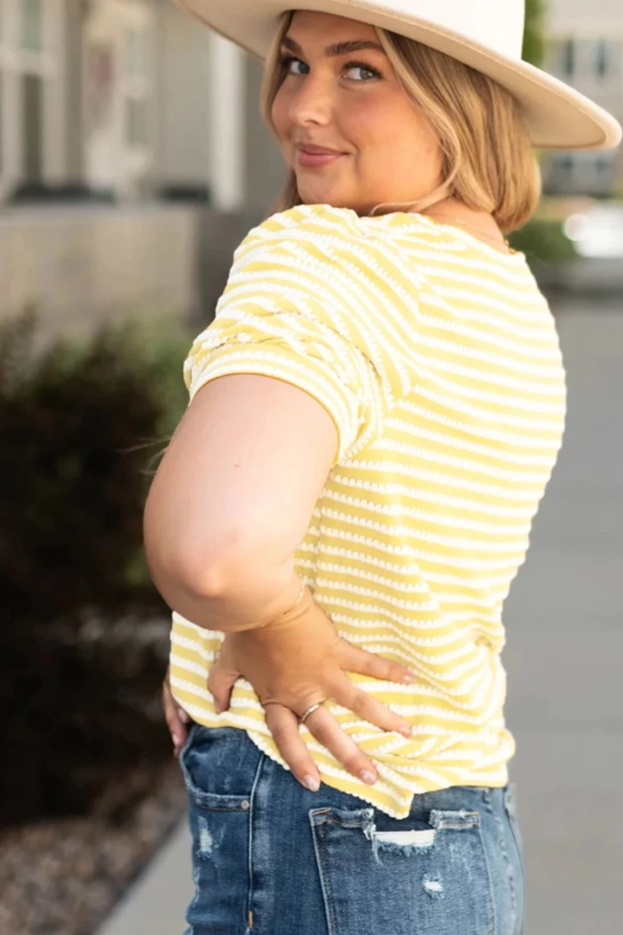 Women's Plus Size Yellow Stripe Knit Jumper with Short Puff Sleeves - SHEWIN