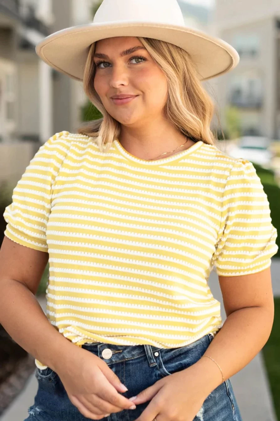Women's Plus Size Yellow Stripe Knit Jumper with Short Puff Sleeves - SHEWIN