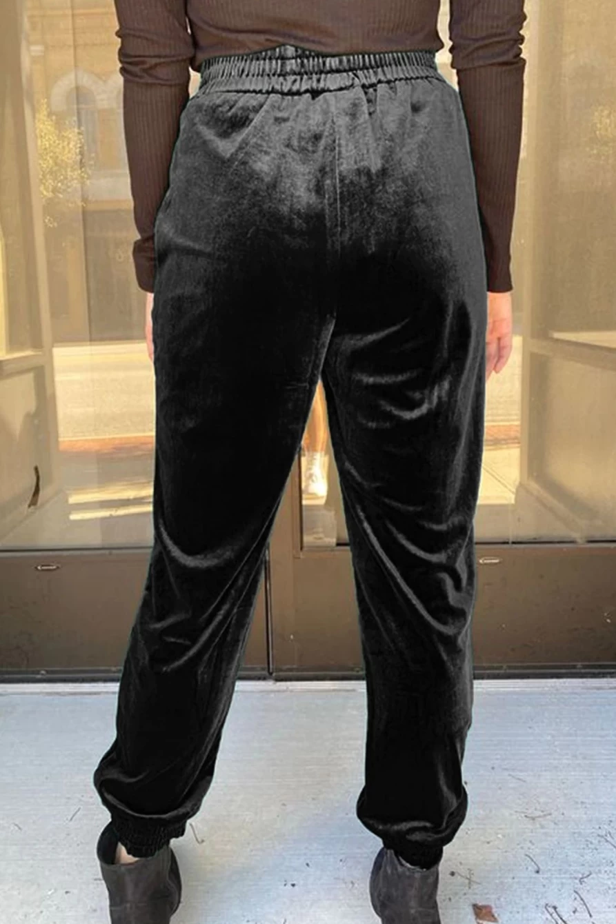 Shewin Women's Black Vintage Velvet Jogger Pants - Stylish Pocket Lounge Pants