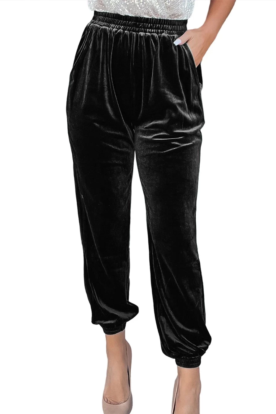 Shewin Women's Black Vintage Velvet Jogger Pants - Stylish Pocket Lounge Pants
