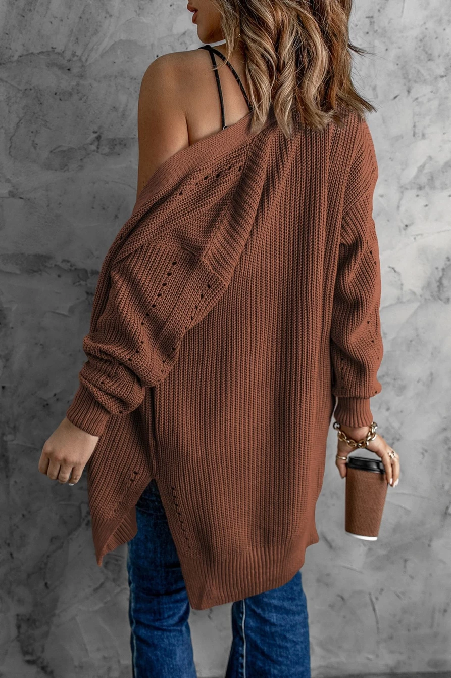 Women's Yellow Ribbed Knit Cardigan with Eyelet Detail & Drop Shoulder - Shewin Casual Slit Sweater