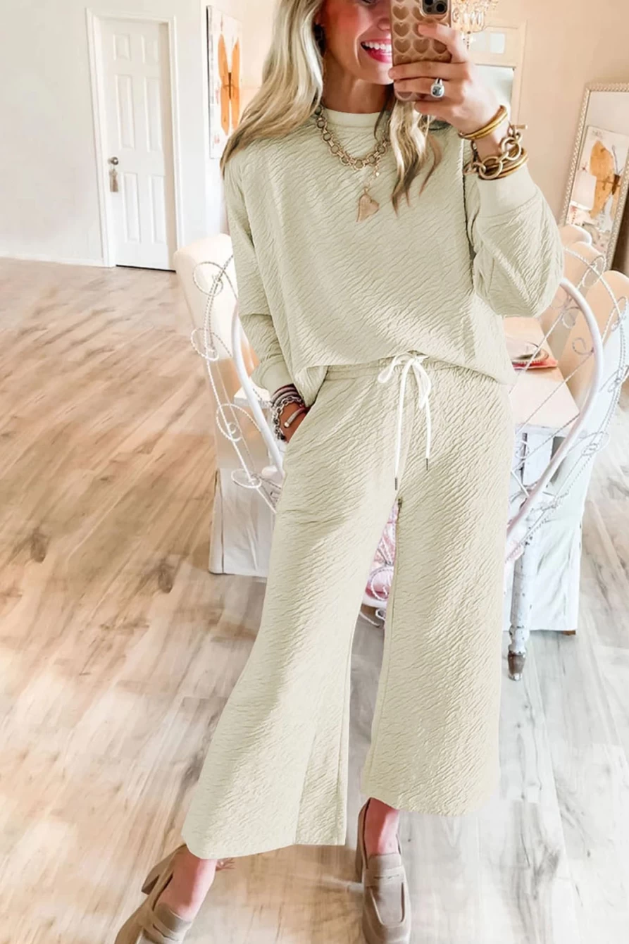 Shewin Women's White Solid Color Textured Long Sleeve Top and Pants Set