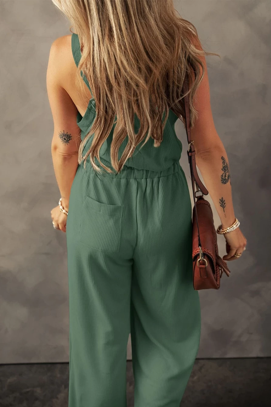 Shewin Women's Moss Green Knotted Straps Textured Drawstring Jumpsuit