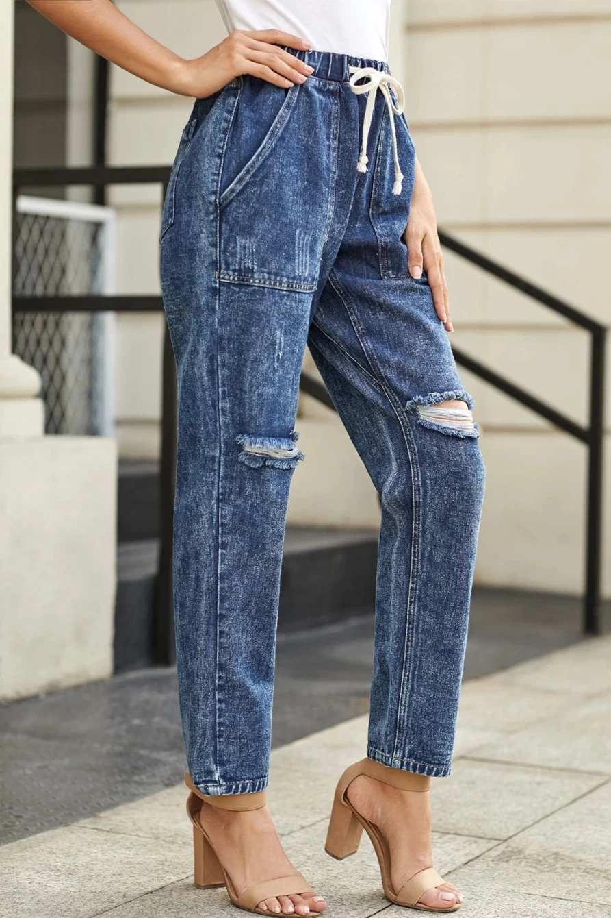Shewin Women's Blue Distressed High-Waisted Pocketed Jeans - Dark Casual Skinny Denim Pants