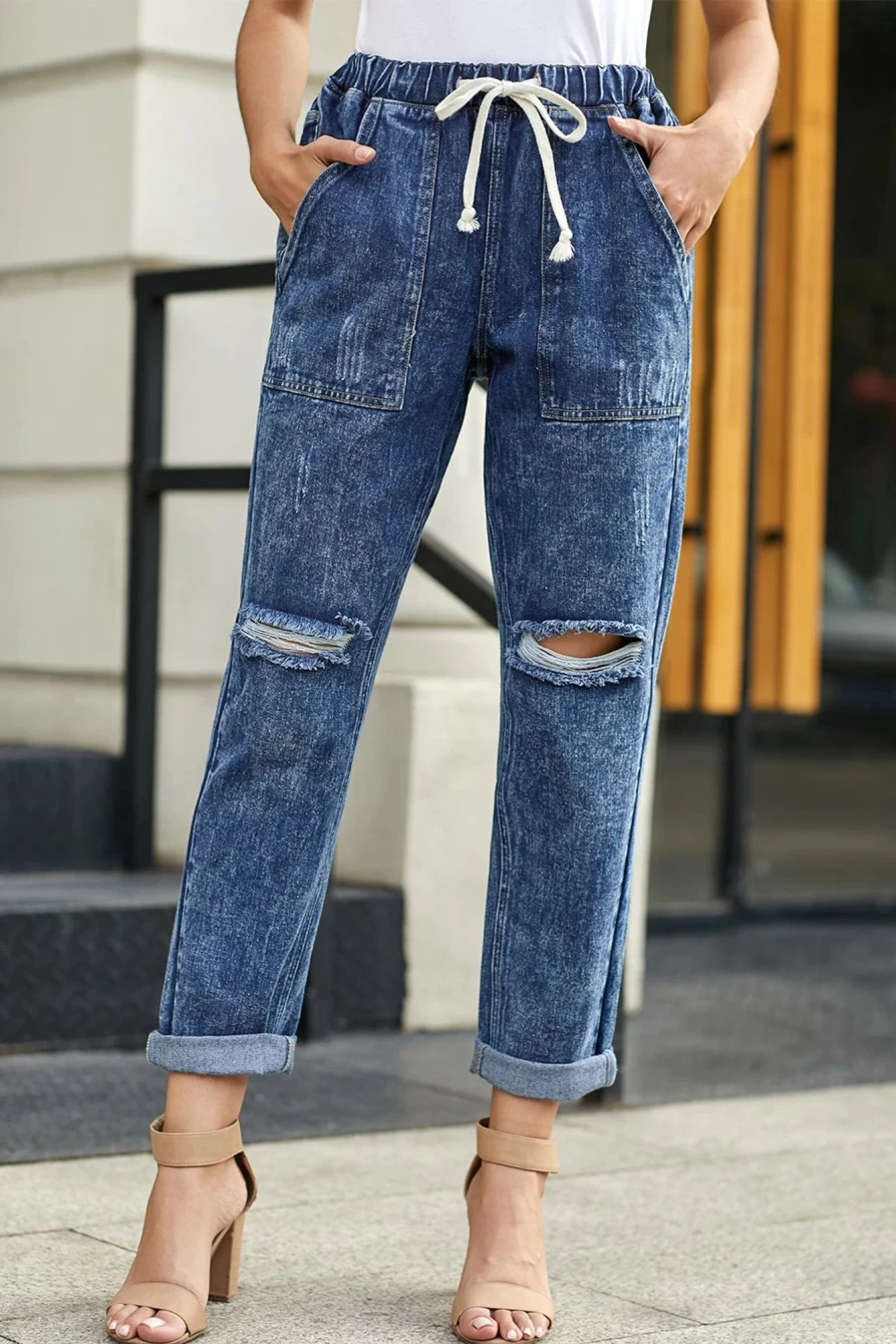 Shewin Women's Blue Distressed High-Waisted Pocketed Jeans - Dark Casual Skinny Denim Pants