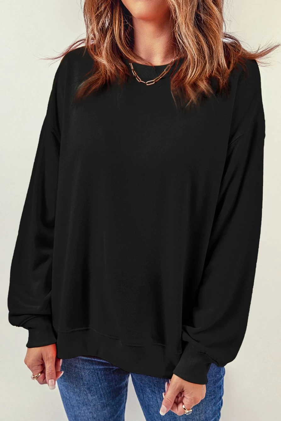 Women's Black Heart Print Chenille Sweatshirt - Shewin Cozy Crewneck Pullover