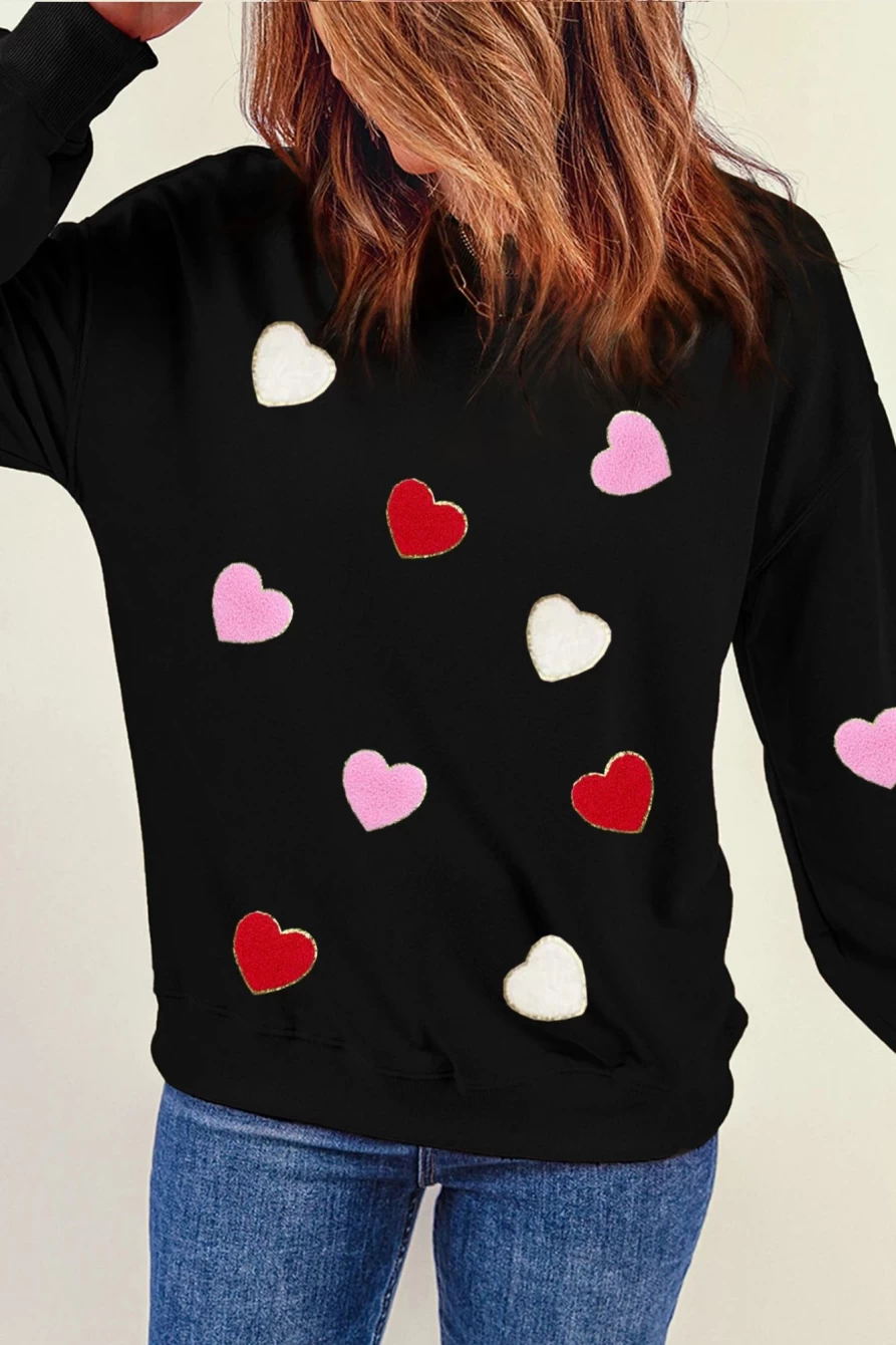 Women's Black Heart Print Chenille Sweatshirt - Shewin Cozy Crewneck Pullover