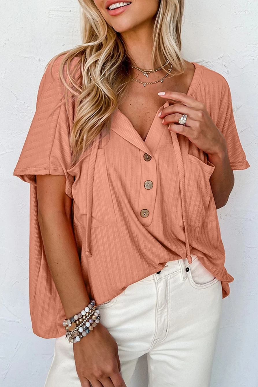 Shewin Women's Orange Textured Loose Top with Notched V-Neck & Button Front