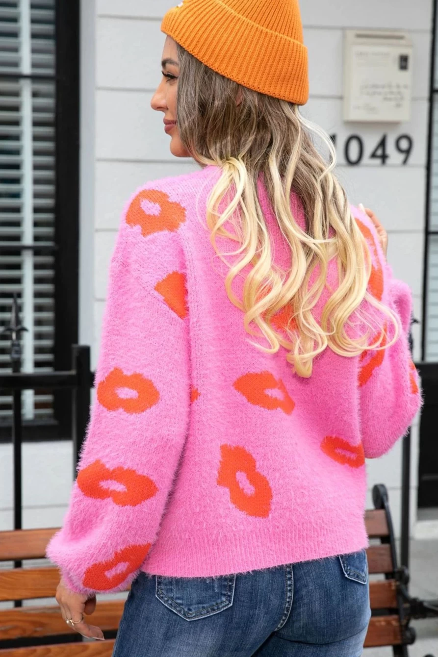 Shewin Women's Bright Pink Fuzzy Valentine Kisses Sweater for Valentine's Day