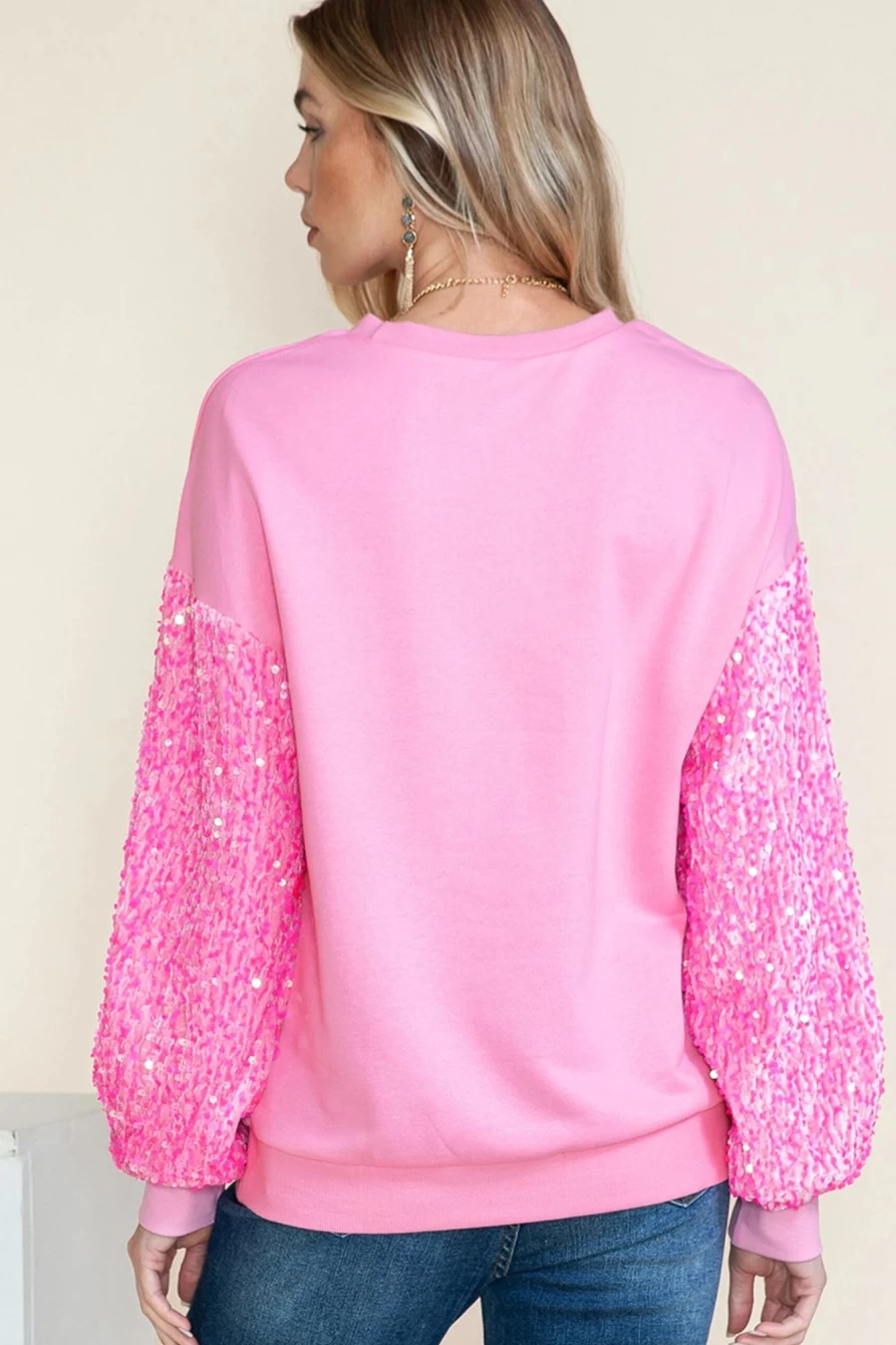 Shewin Women's Pink Heart Print Sequined Graphic Sweatshirt with Shiny Love Design