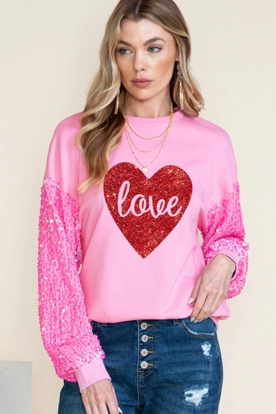 Shewin Women's Pink Heart Print Sequined Graphic Sweatshirt with Shiny Love Design