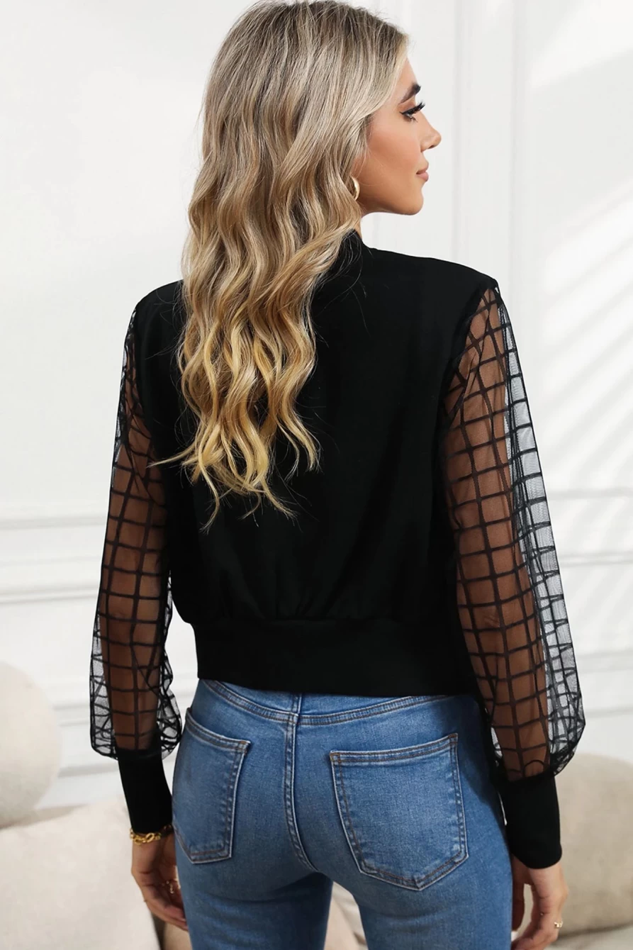 Shewin Women's Black Lattice Mesh Sleeve Zipper Bomber Jacket