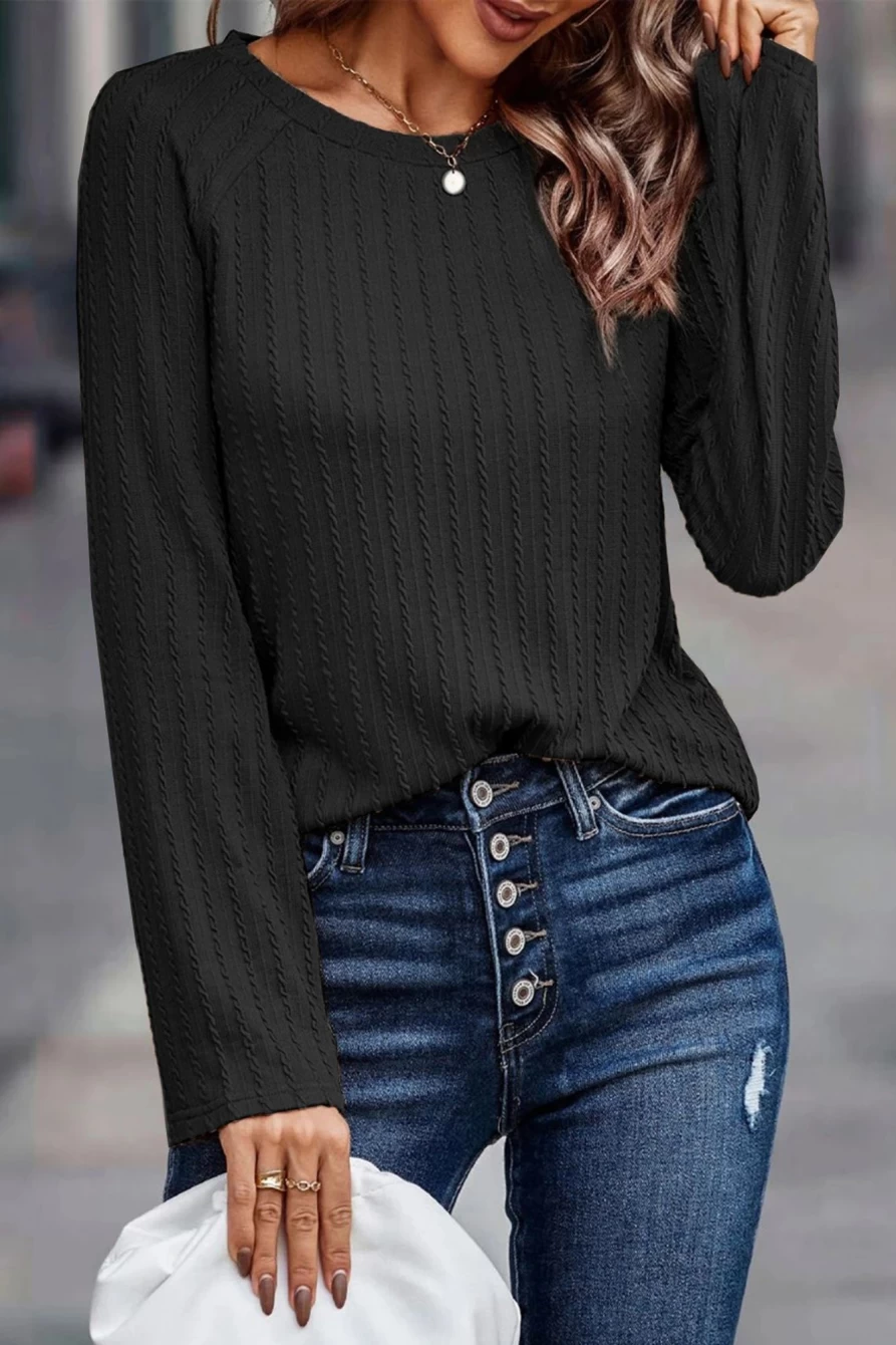 Shewin Women's Black Ribbed Knit Long Sleeve Round Neck Top