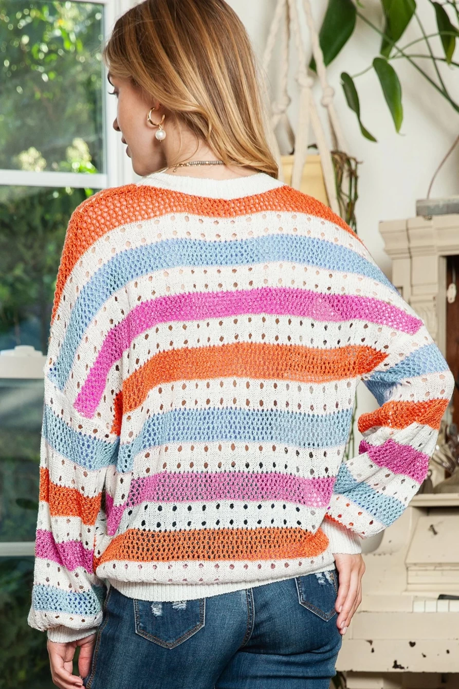 Shewin Women's Multicolor Striped Hollowed Knitted Loose Sweater