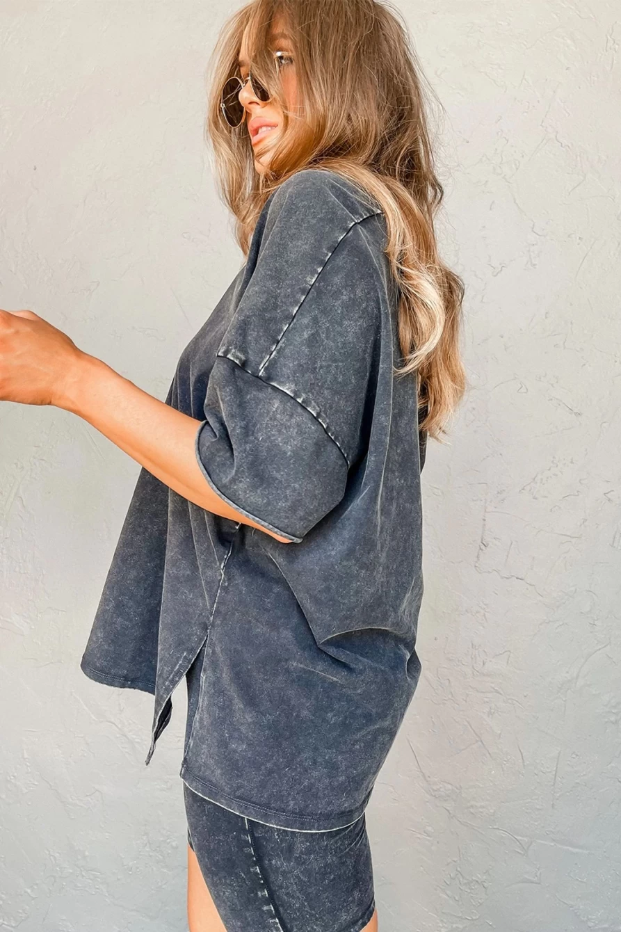 Shewin Women's Black Mineral Washed Oversized T-Shirt and Shorts Set