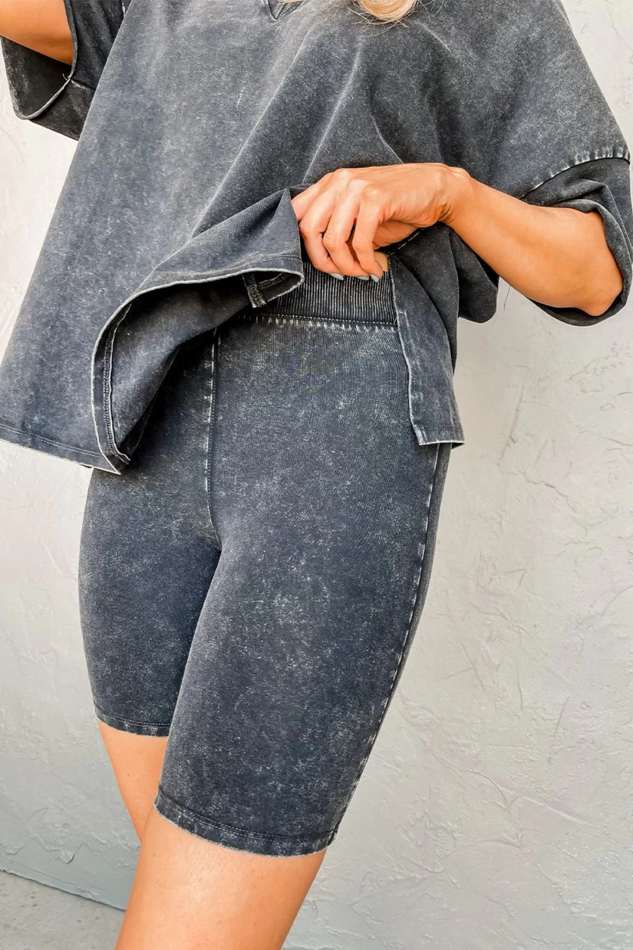 Shewin Women's Black Mineral Washed Oversized T-Shirt and Shorts Set