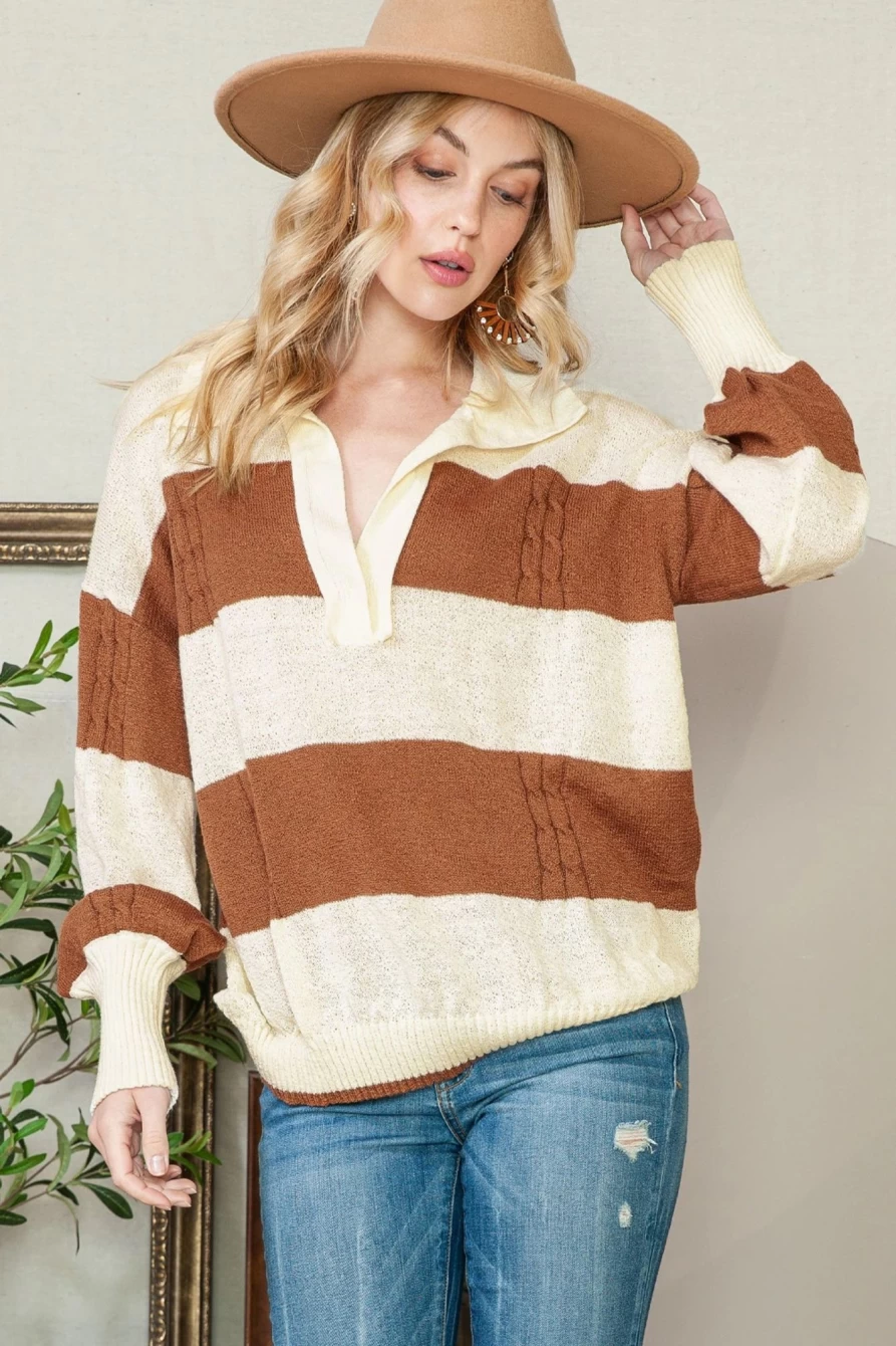 Shewin Women's Striped V-Neck Collared Knit Sweater - Casual Striped Pullover Top