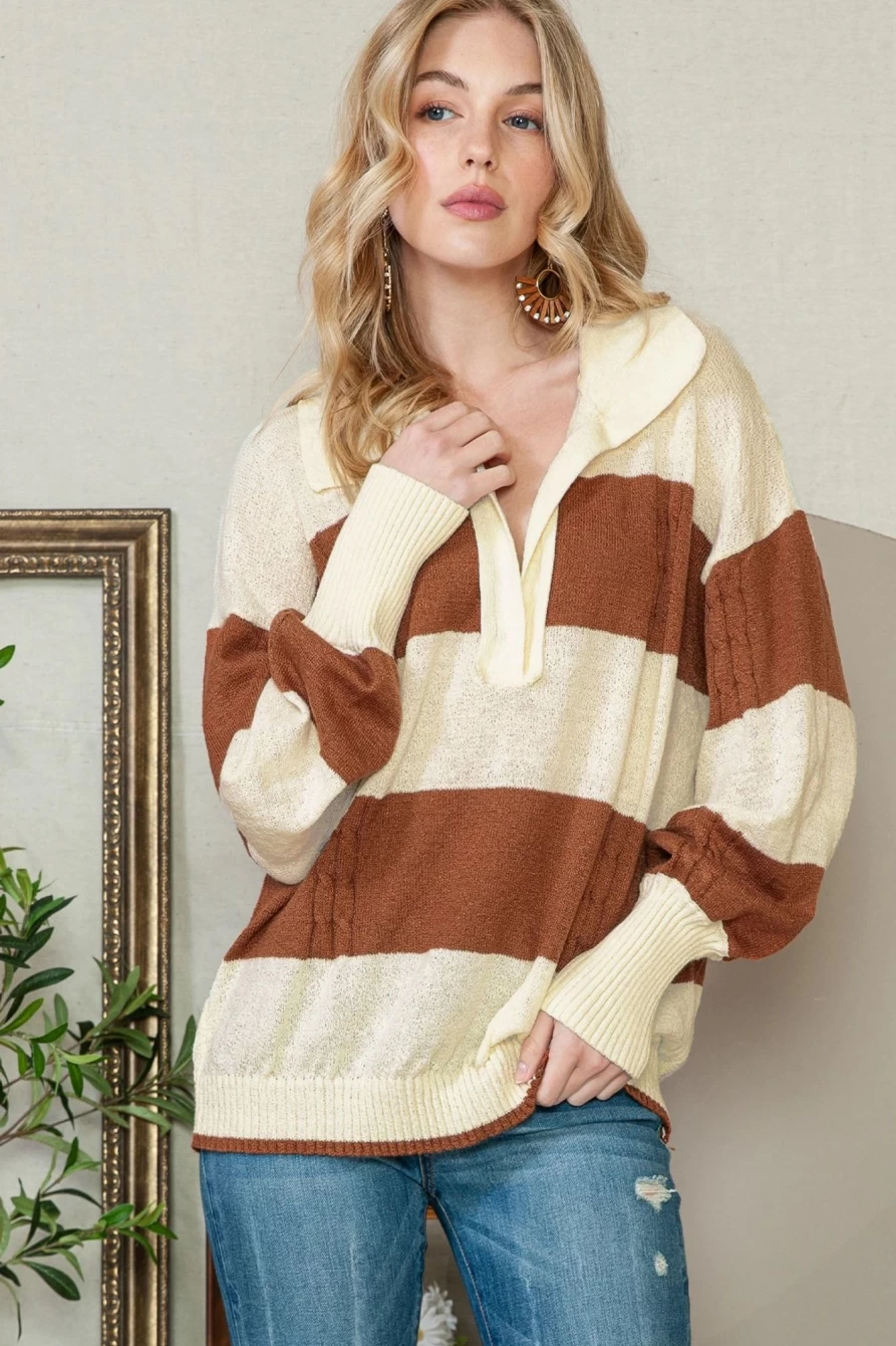 Shewin Women's Striped V-Neck Collared Knit Sweater - Casual Striped Pullover Top