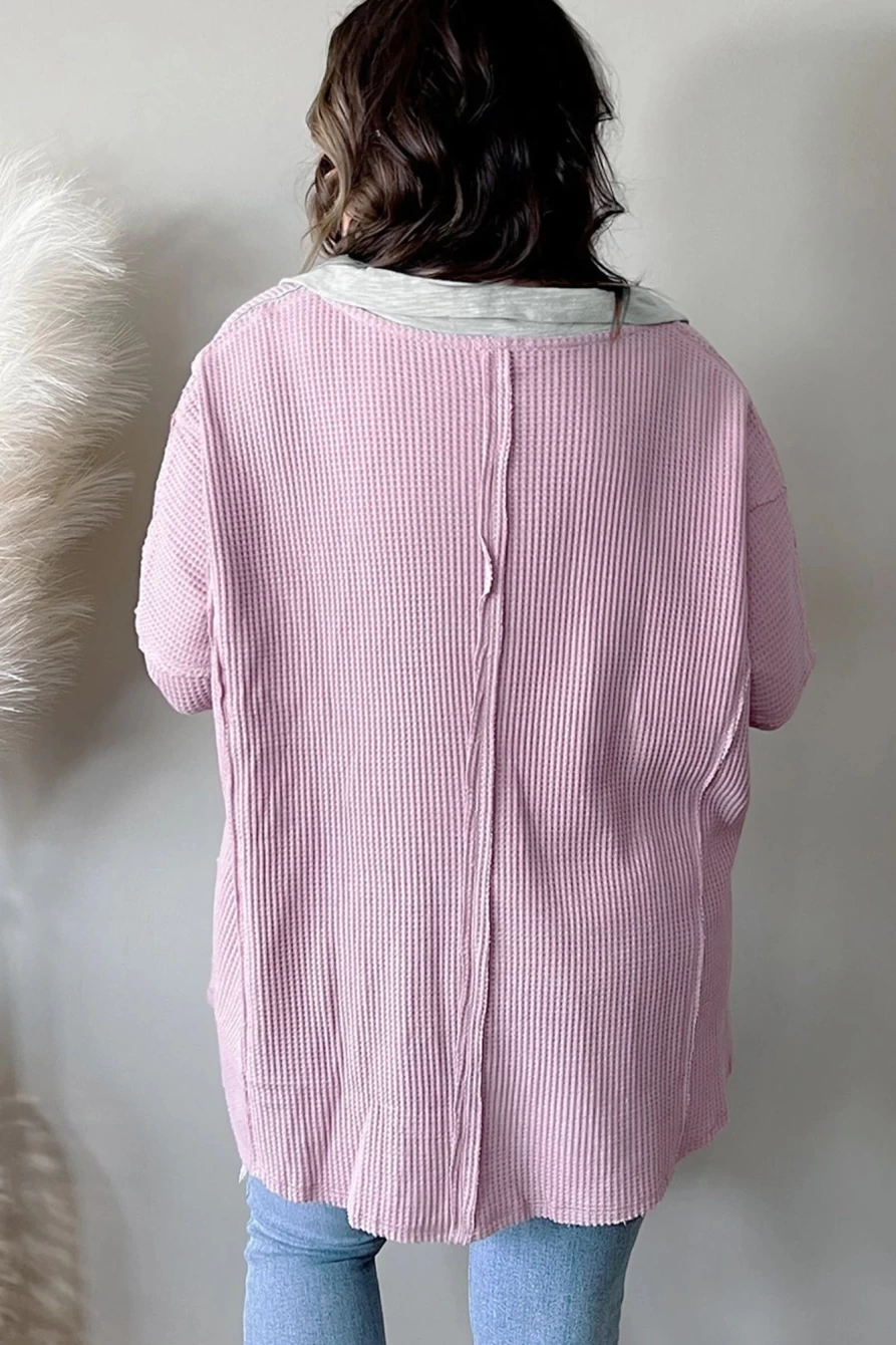 Shewin Women's Plus Size Pink Waffle Knit Top with Exposed Seam Detail