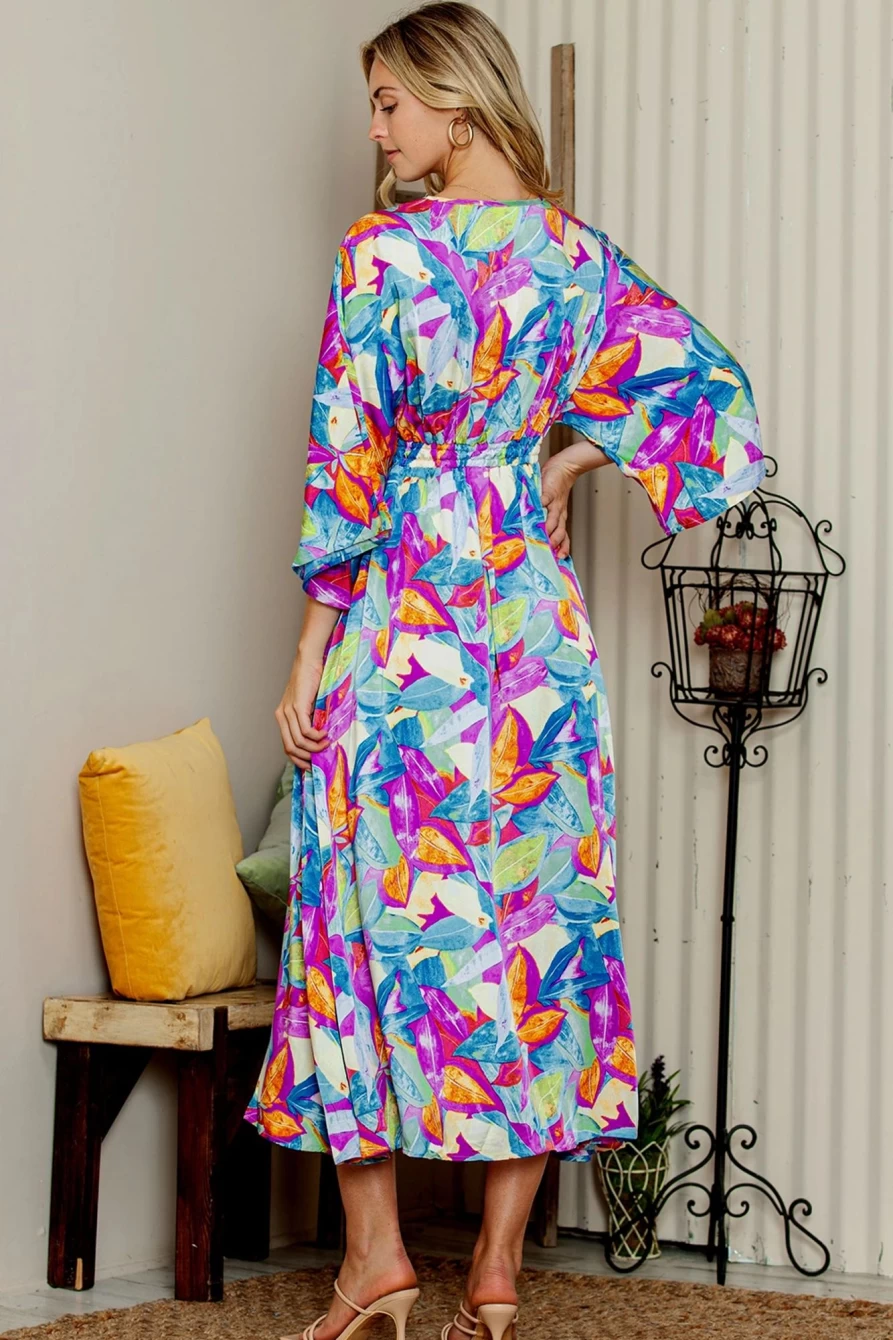 Shewin Women's Multicolour Abstract Print High Waist V-Neck Maxi Dress
