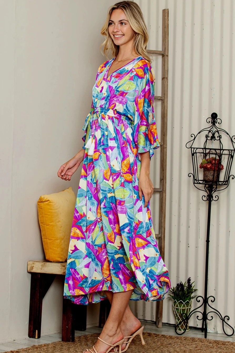 Shewin Women's Multicolour Abstract Print High Waist V-Neck Maxi Dress