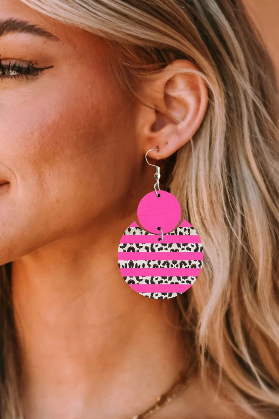 "SheWin Rose Gold Leopard Print Colorblock Wooden Hoop Earrings for Women"