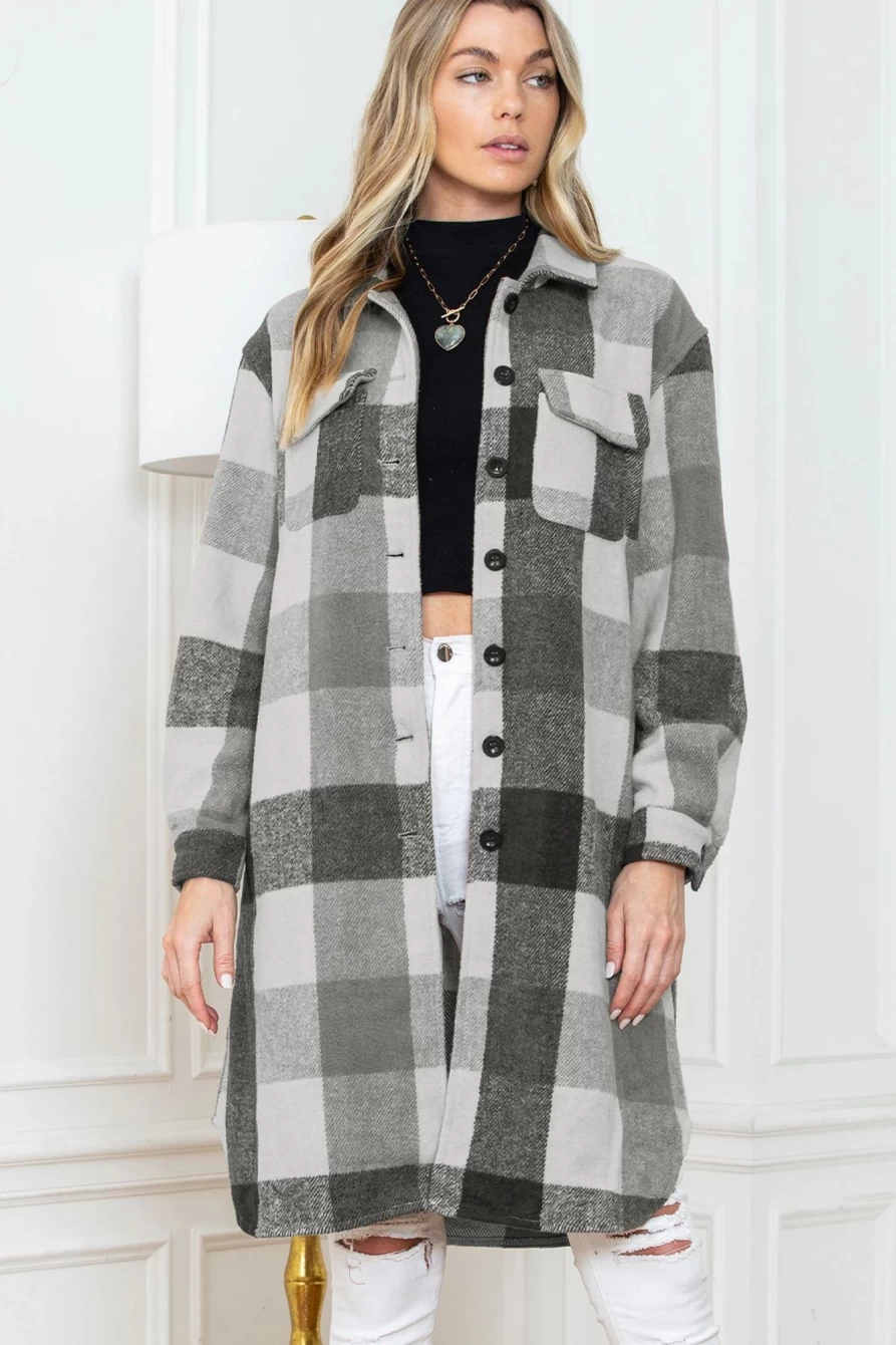 Women's Medium Grey Plaid Long Shacket with Button Down & Flap Pockets | Shewin
