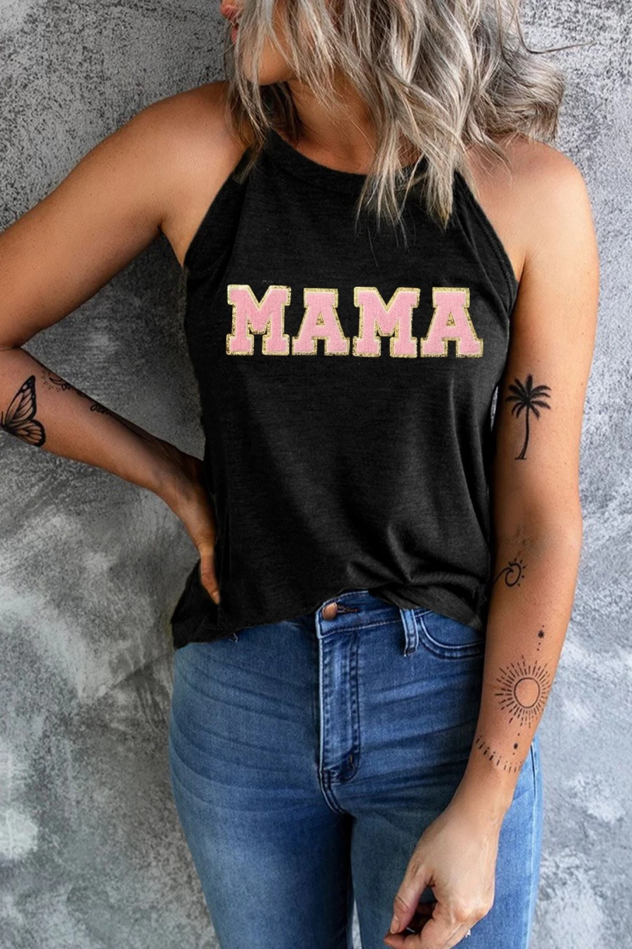 Shewin Women's Black Mama Graphic Chenille Patch Tank Top