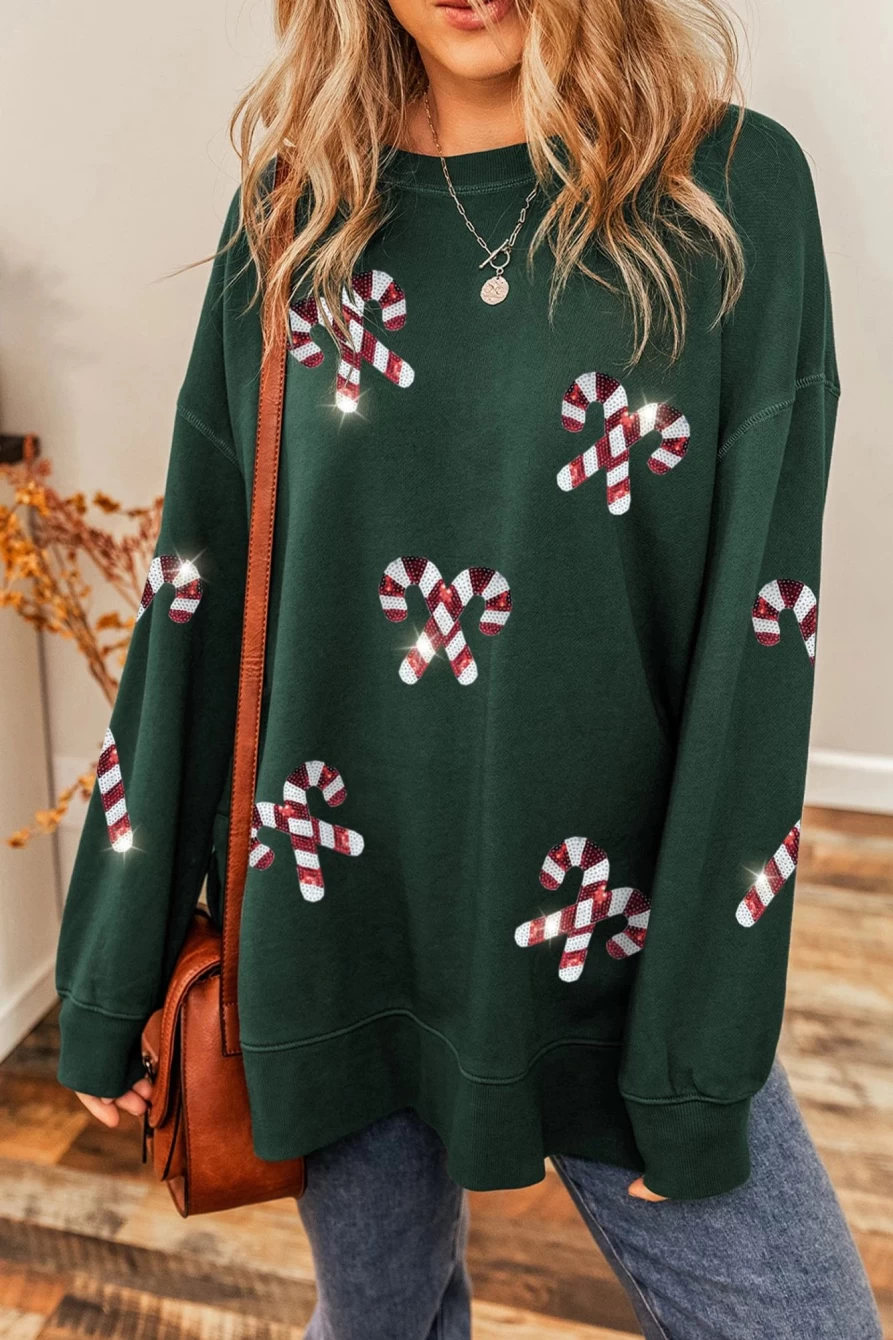 Shewin Women's Duffel Green Candy Cane Printed Long Sleeve Graphic Sweatshirt