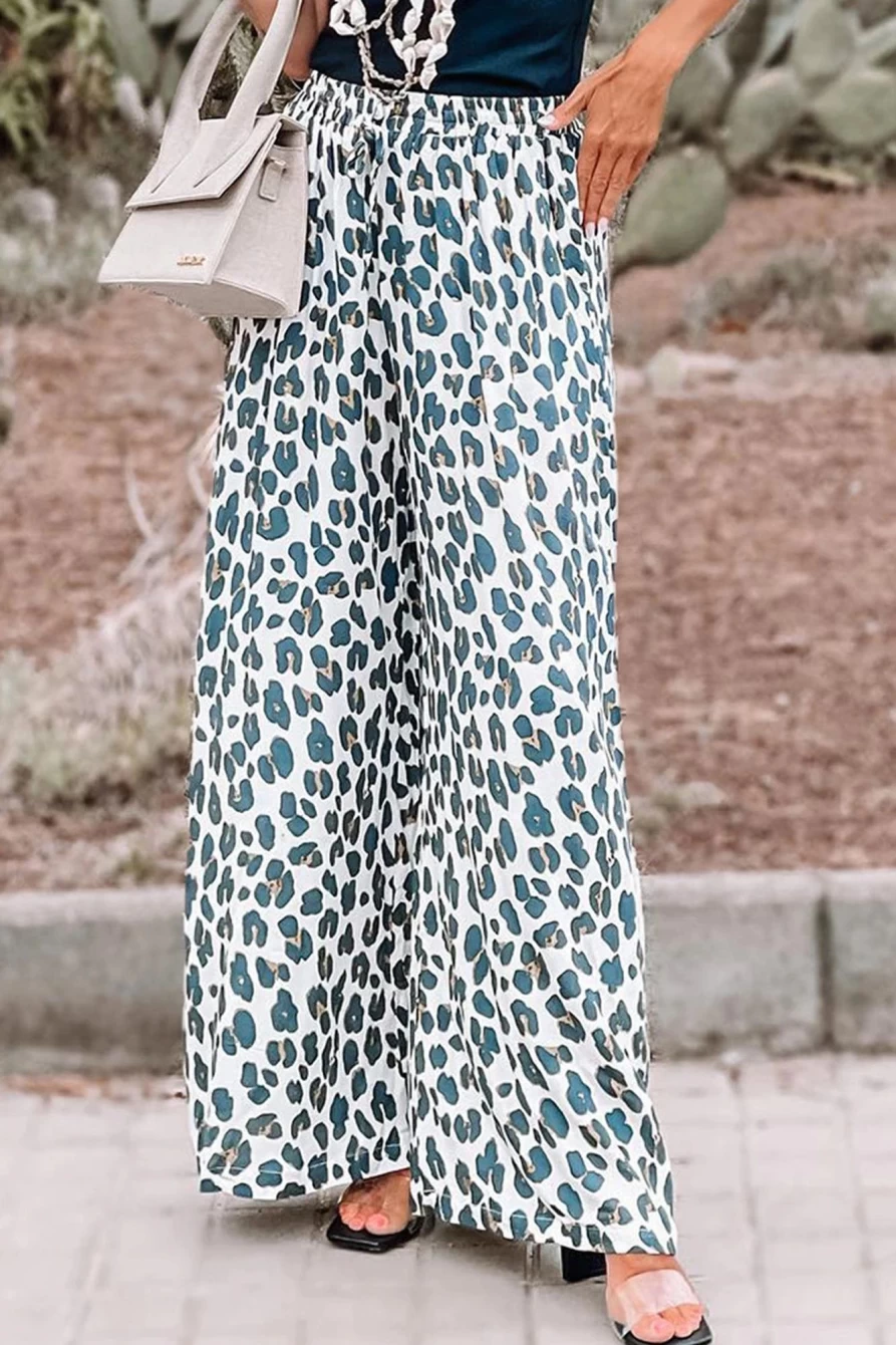 Shewin Women's White Leopard Print Wide Leg Pants with Drawstring Waist & Side Pockets