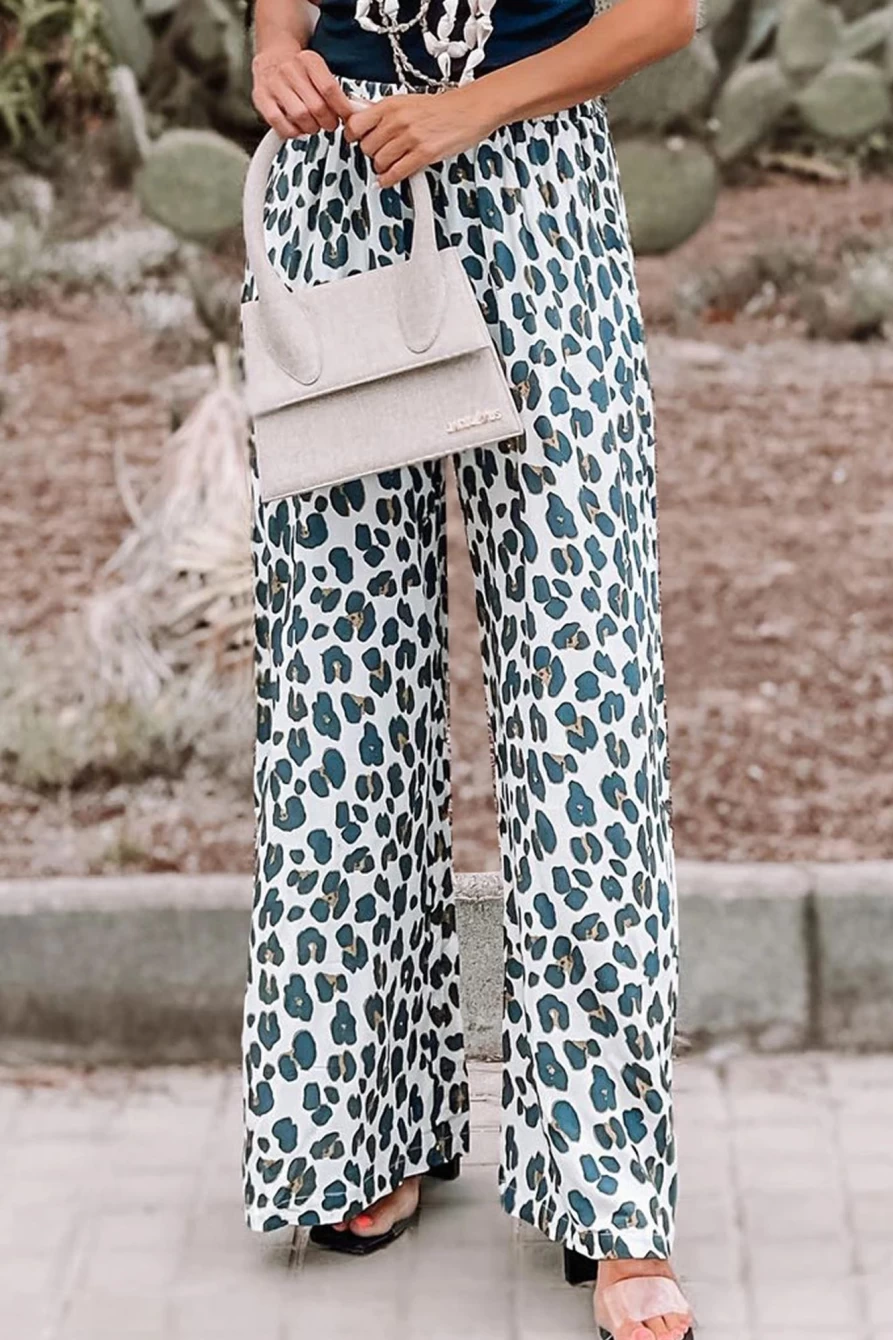 Shewin Women's White Leopard Print Wide Leg Pants with Drawstring Waist & Side Pockets