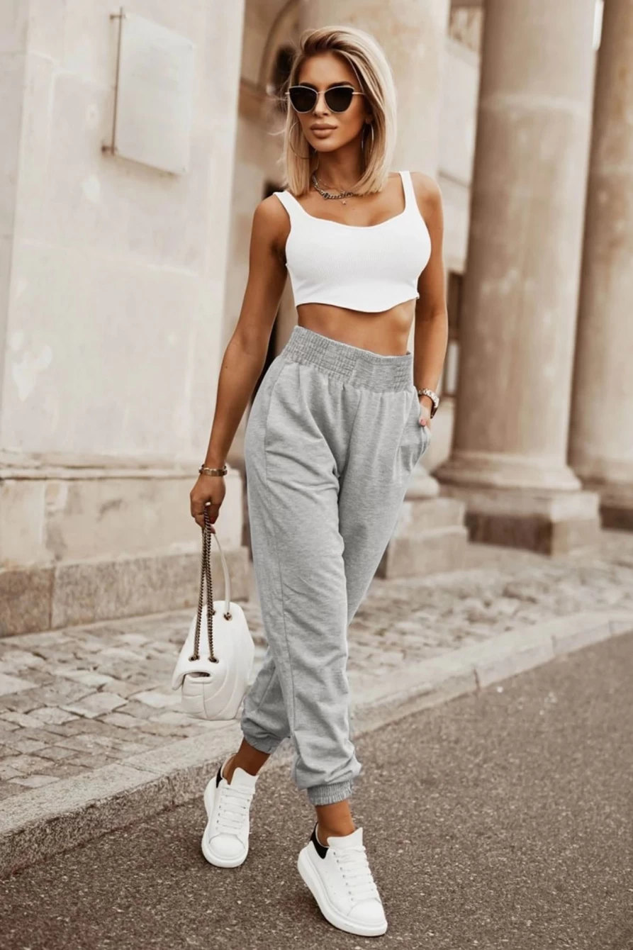 Women's Gray High Waist Smocked Jogger Pants with Pockets - SHEWIN Casual Comfort Fit