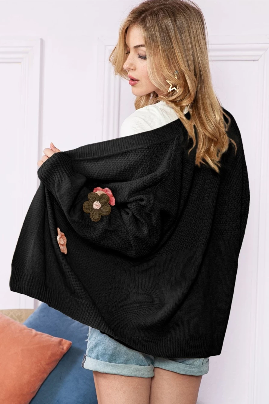 "Women's Black Floral Applique Drop Shoulder Bubble Sleeve Cardigan | Shewin"