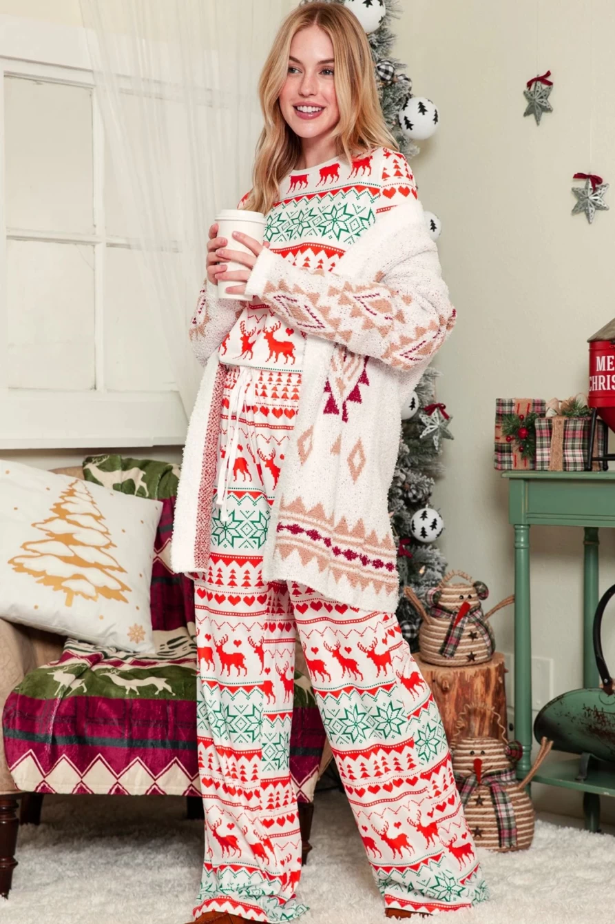 Shewin Women's Bright White Christmas Pullover & Drawstring Pants Pajama Set - Cozy Holiday Sleepwear