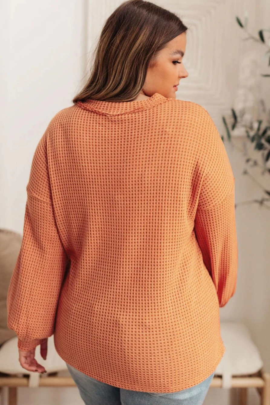 "SheWin Women's Plus Size Orange Buttoned V-Neck Waffle Knit Top"