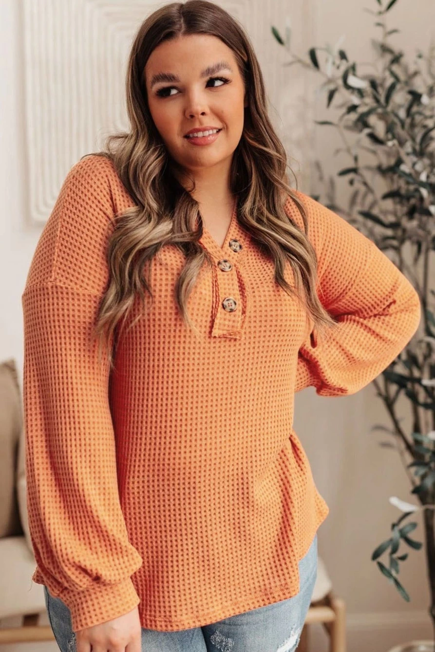 "SheWin Women's Plus Size Orange Buttoned V-Neck Waffle Knit Top"