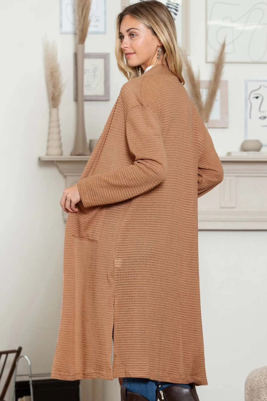 Shewin Women's Chestnut Waffle Knit Long Cardigan with Pockets Open Front