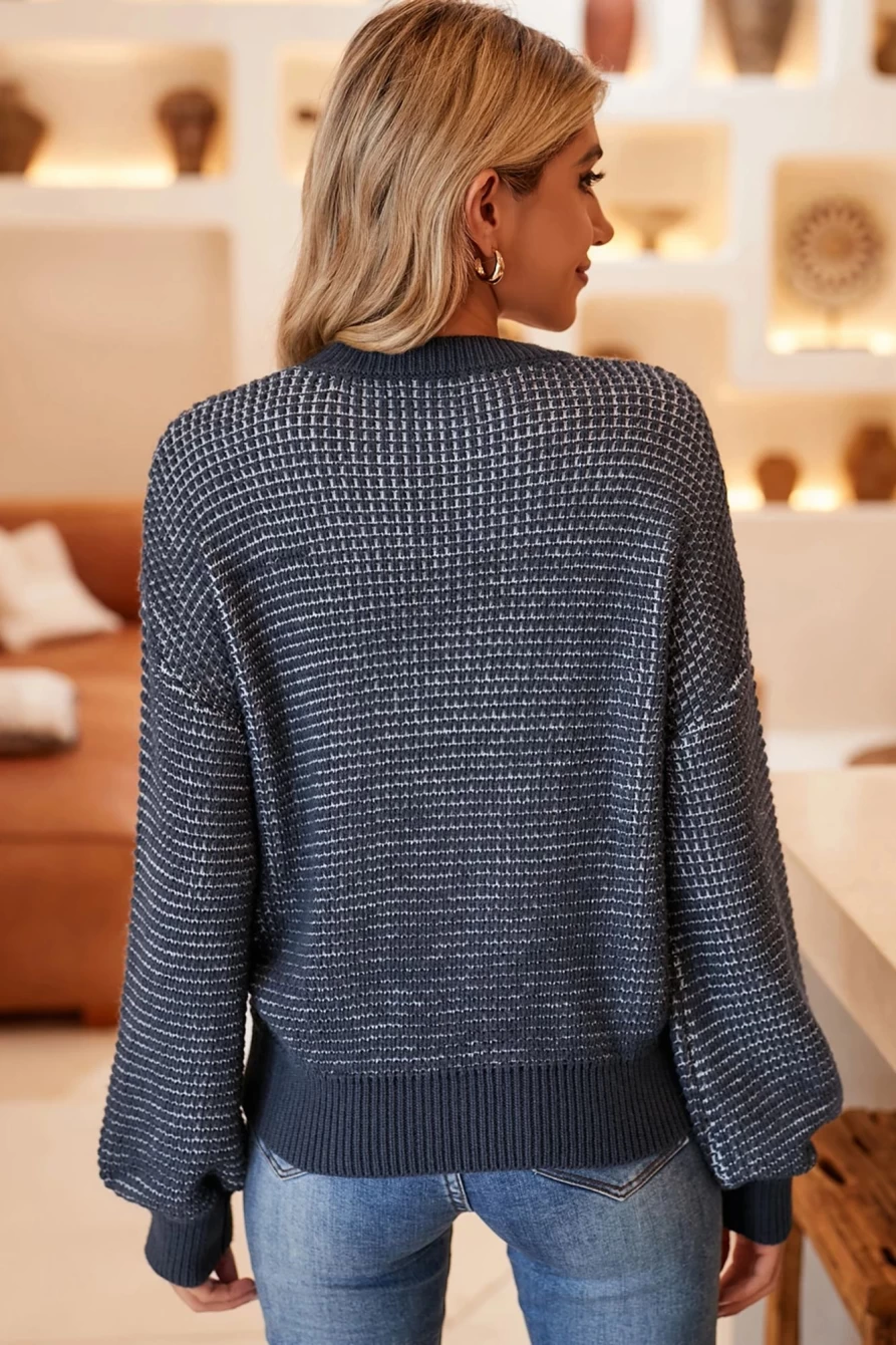 Shewin Women's Gray Heathered Knit Drop Shoulder Lantern Sleeve Sweater
