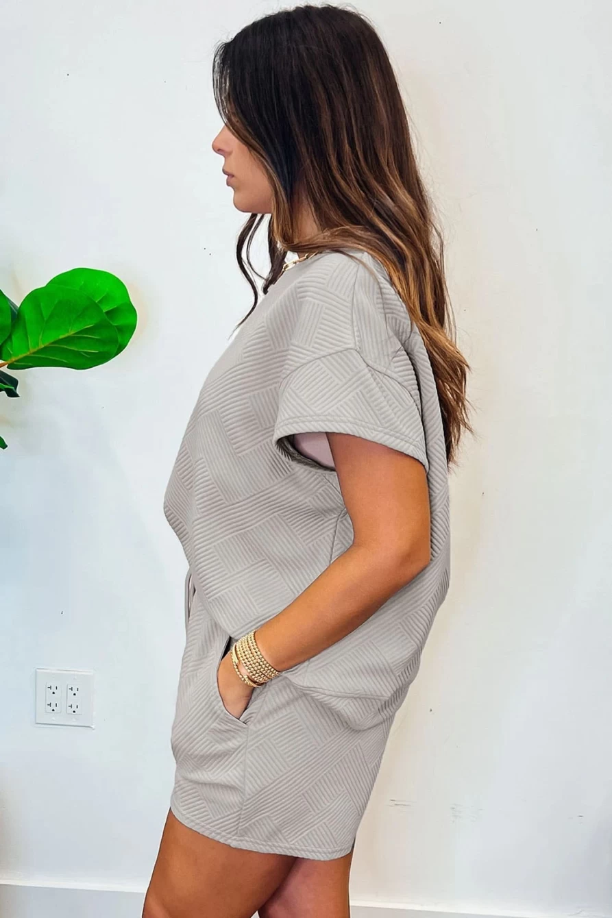 2Pcs Shewin Women's Gray Solid Textured Drawstring Shorts Set