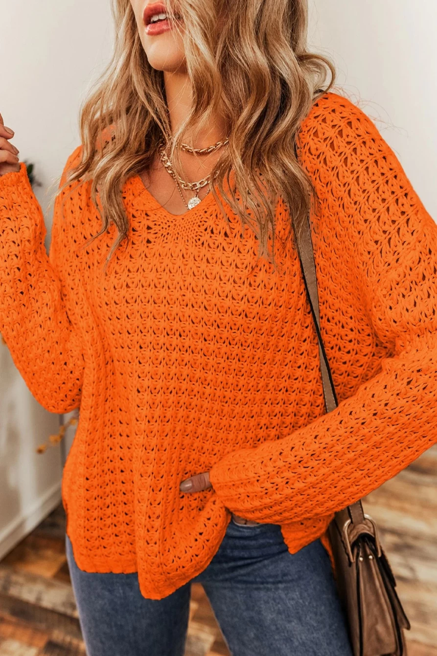 Shewin Women's Carrot Orange Knitted V-Neck Loose Fit Sweater with Cut Out Detail