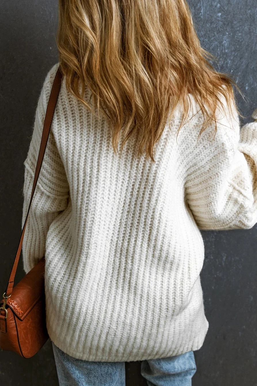 Shewin Women's White Ribbed Knit Chunky Sweater - Slouchy Round Neck Pullover