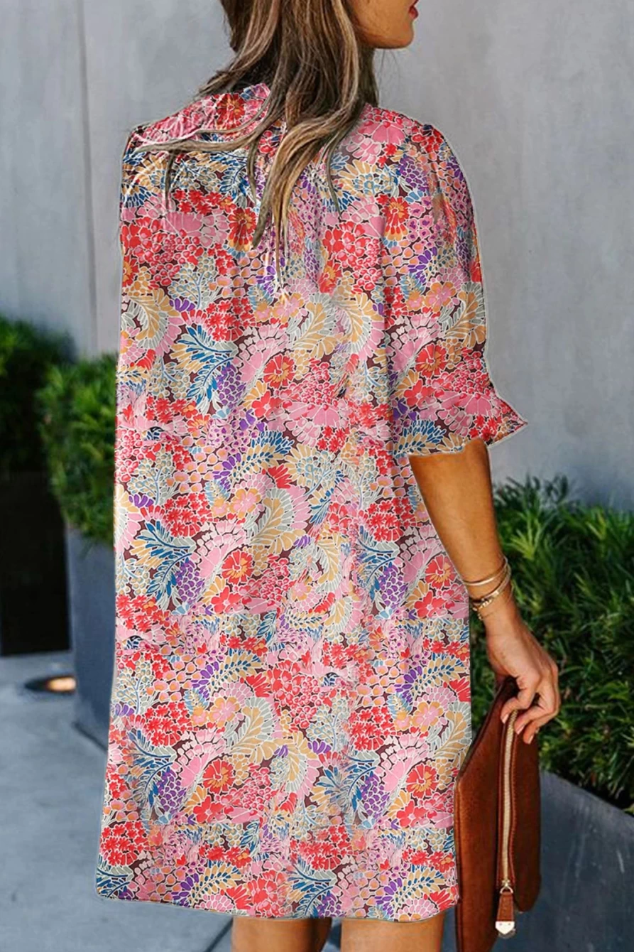 Shewin Women's Multicolor Floral Print Split V-Neck Half Sleeve Casual Tunic Dress