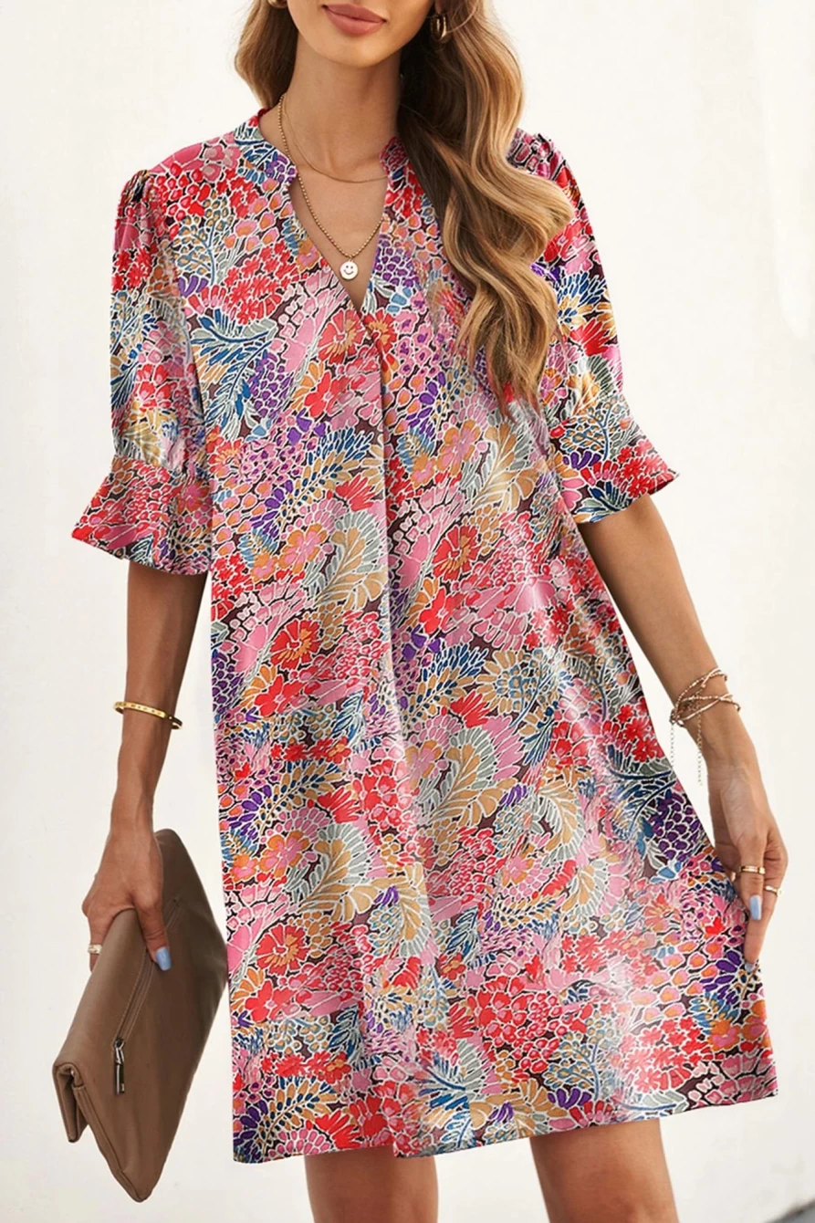 Shewin Women's Multicolor Floral Print Split V-Neck Half Sleeve Casual Tunic Dress