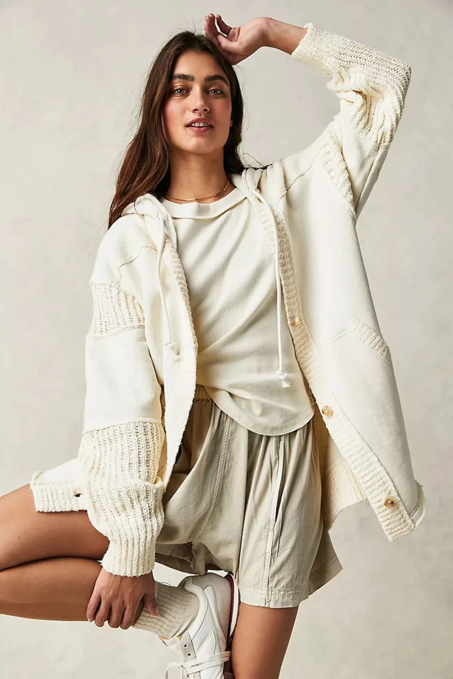 Women's Beige Solid Color Long Hooded Cardigan - Shewin Button Down Cozy Outerwear