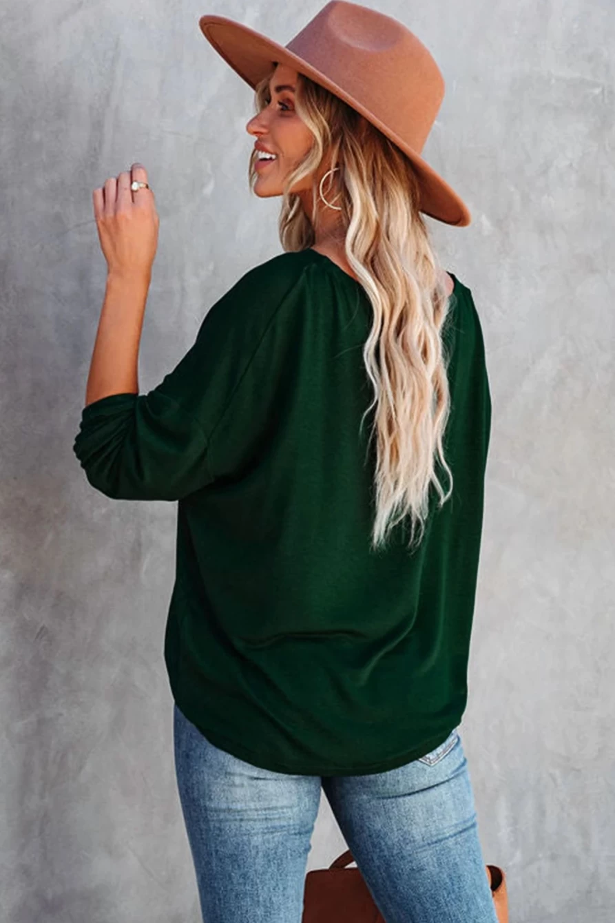 Shewin Women's Green Drop Shoulder Boat Neck Long Sleeve Top