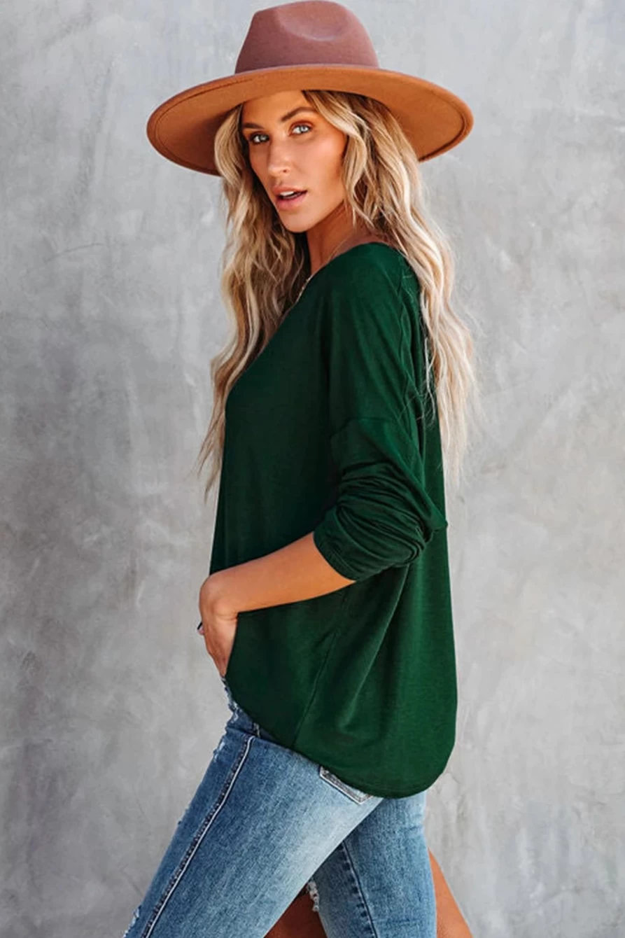 Shewin Women's Green Drop Shoulder Boat Neck Long Sleeve Top