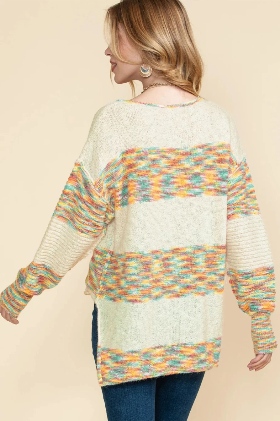 Women's Multicolor Drop Shoulder Long Sleeve Henley Knit Sweater by Shewin