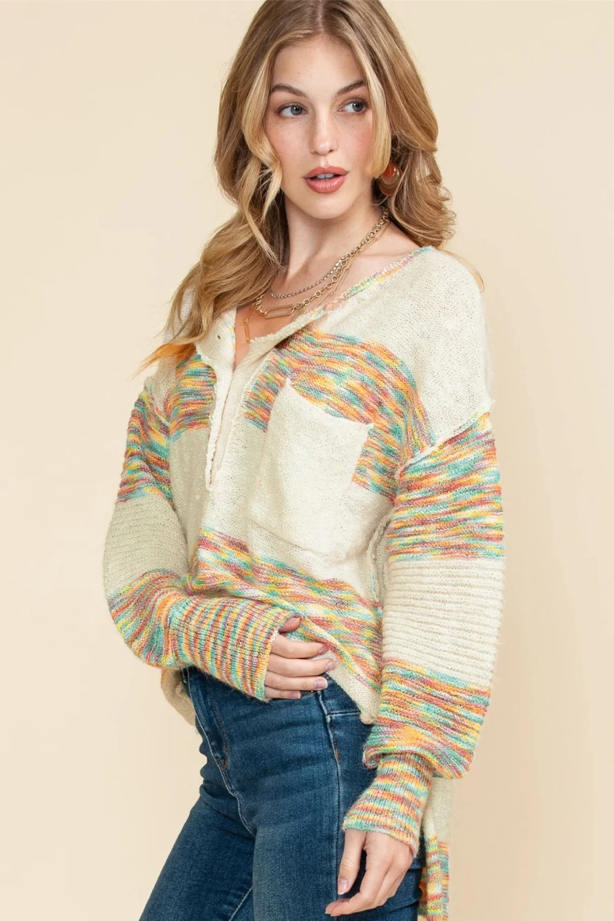 Women's Multicolor Drop Shoulder Long Sleeve Henley Knit Sweater by Shewin