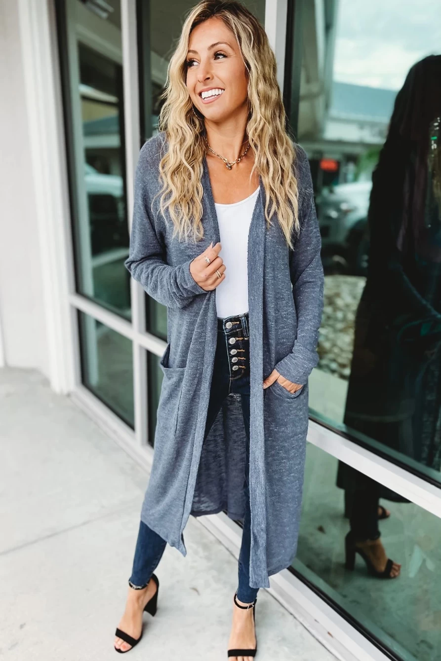 "Shewin Women's Ashleigh Blue Knitted Maxi Cardigan with Pockets and Open Front"