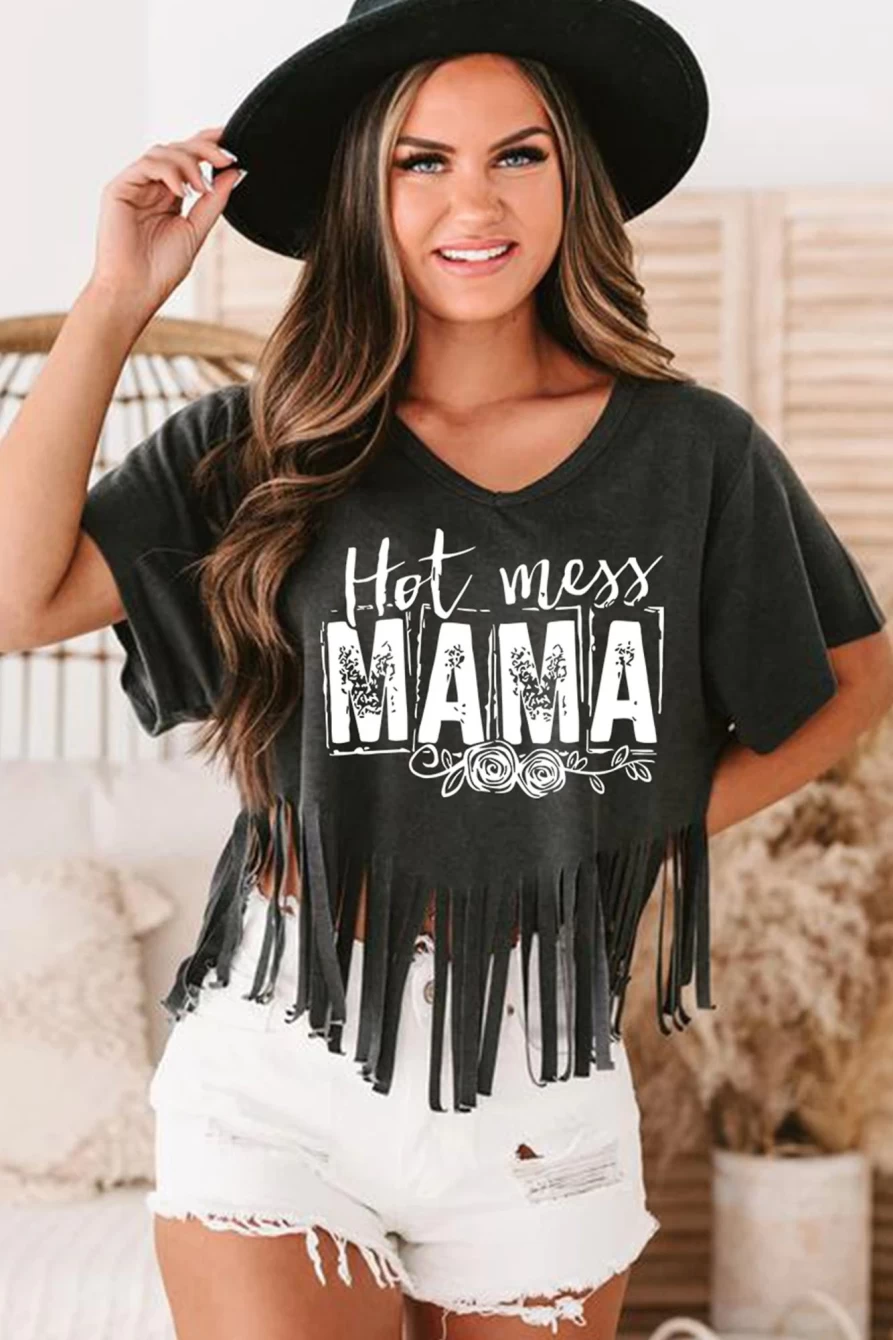 Shewin Women's Black Mama Hot Mess Graphic Fringed Hem V-Neck T-Shirt